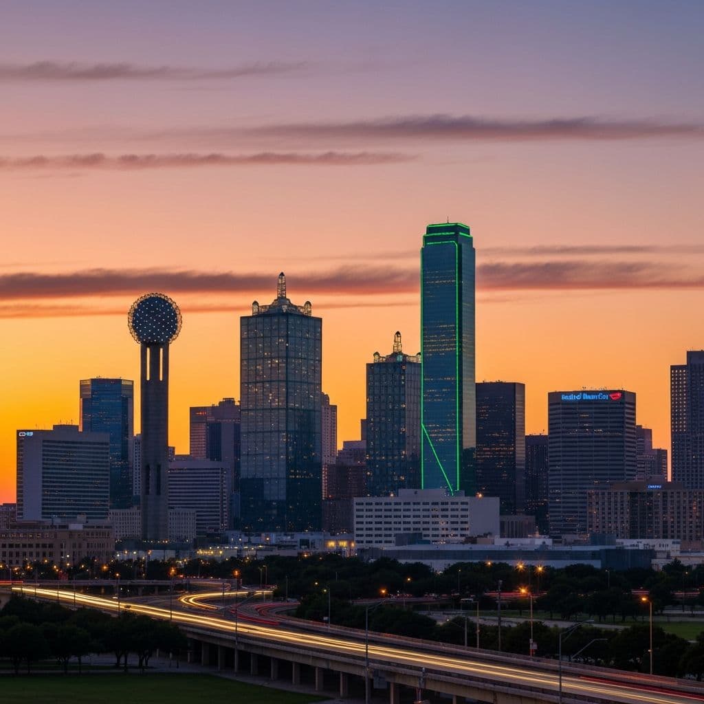 Dallas, Texas skyline at sunset with Reunion Tower